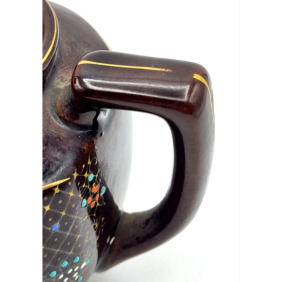 Vtg Hand Painted Teapot Redware Japan Moriage Brown Orange Blue Gold Trim 6.5x8 - Picture 13 of 14